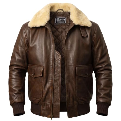 Image of Mens G-1 Fur Collar US Navy Flight Distressed Brown Aviator Genuine Leather Jacket