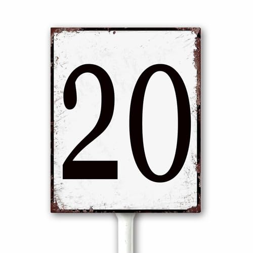 Aluminum Number Sign 20 Metal Numbered Yard Sign With Stake Outdoor for Tennis Court, Parking Lots, Floor, Dock, Court, Aisle, Field, Farm 12x15 CM High Visibility Rust Free (Retro White)