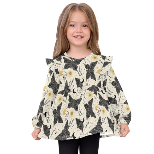Black Butterflies with Sun Girls Shirts Cotton Long Sleeve Ruffle Toddler Tee Tops3