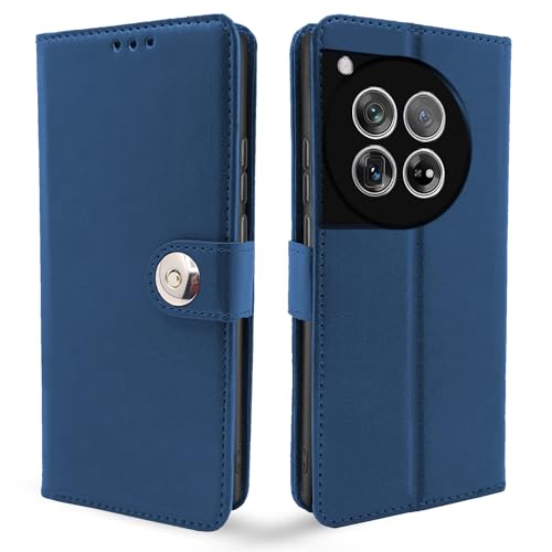 Image of Pikkme OnePlus 12 5G Flip Cover Leather Finish | Inside TPU with Card Pockets | Wallet Stand and Shock Proof | Complete Protection Button Flip Case (Blue)