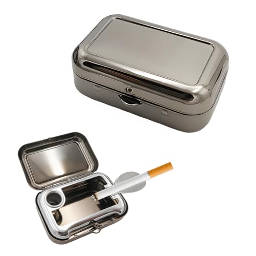 YTFRL Portable Ashtray Stainless Steel Mini Creative Pocket Ash Tray with Windproof Lid Universal Cigarette Snuffer Compact Ashtray for Car Home Office Outdoor Car Accessories (All-Black)