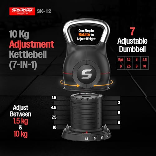 Image of Sparnod Fitness SK-12 Adjustable Kettlebell 10kg - 7-in-1 Adjustable Weight System, One-Hand Adjustment Ergonomic Grip, Steel & ABS Build Safe, Compact Full-Body Workouts (Black, 10Kgs, Set of 1)