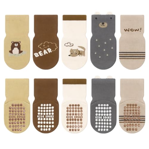 Image of SNOWIE SOFT 5 Pairs Baby Socks Set, Antislip Socks for New Born Baby 0-3 Years, Non Slip Grip Ankle Socks with Non Skid Soles for Infants Baby Shower Gifts