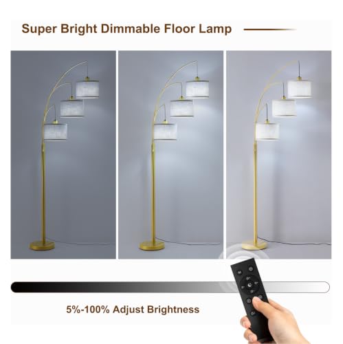 Image of Gold Floor Lamps for Living Room, Super Bright Arc Floor Lamp with Remote Control, 3 Light Tall Floor Lamps with Stepless Dimmable, 80 inch Mid Century Tree Floor Lamp for Bedroom, Office