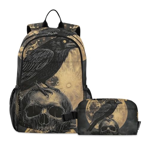 Gothic Raven Skull Moon Backpack for School Boys Girls and Teens, Backpack for Men and Women, Lightweight Bookbag with Lunch Box Travel Laptop Daypack 18.5 x 11.8 In
