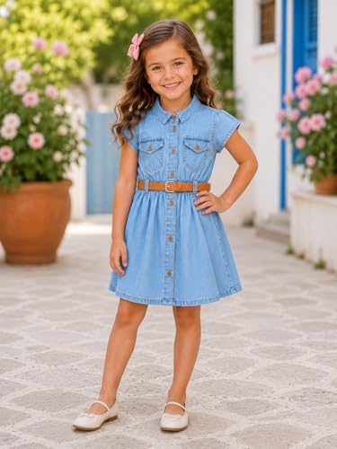 Image of Bold N Elegant Girl's Short Sleeve Front Open Stylish Cute Cotton Denim Dress Frock Tunic with PU Leather Belt and Pockets for Infant Toddler Baby Girls