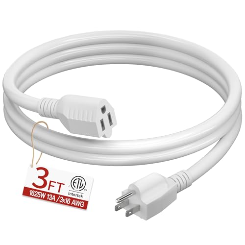 Image of 16 /3 Short Extension Cord 3 FT, White Extension Cord Flexible & Durable, Indoor 3 Prong Power Cable, Suitable for Home and Office, 13 Amp 1625 Watt 125VAC 16AWG, ETL Listed