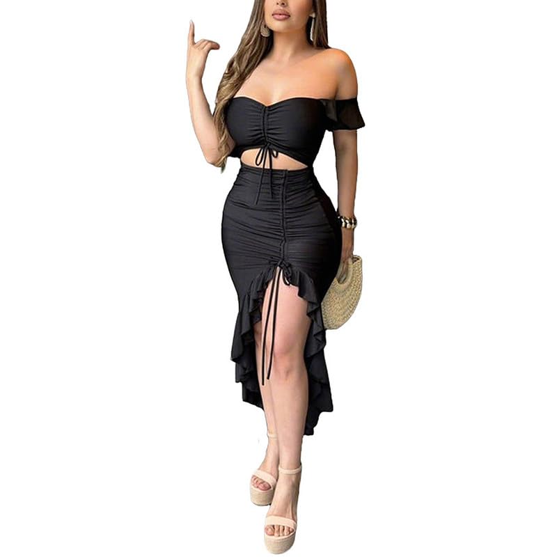 VJJ AIDEAR Elegant Strapless One-Shoulder Evening Dress with High Slit & Irregular Ruffles