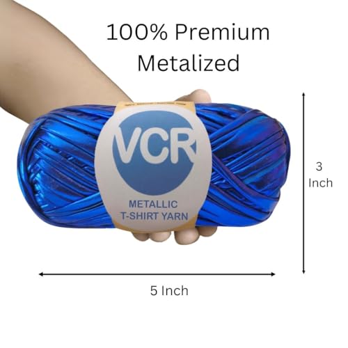 Image of VCR Shine Dark Blue Metallic T-Shirt Yarn, 100 Grams, 100% Metallized Craft Yarn, Pack of 1 Yarn, Suitable for Handbags, Tote Bags and Sling Bags
