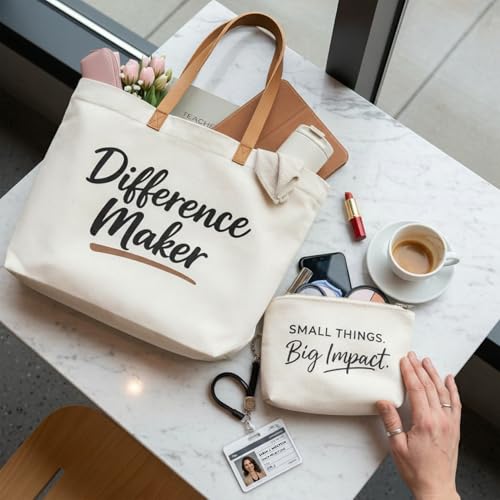 Image of ELEGANTPARK Appreciation Gifts for Women, Difference Maker Canvas Tote Set | Large zip-top tote with interior zip pocket for coworker, employee, volunteer, mentor, office assistant and farewell gifts