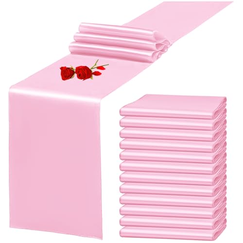 Ymhpride ZR102K 12 Pack Light Pink Satin Table Runner 12 X 108 Inch Long Premium Table Runners cover