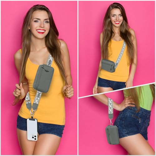Image of YFWE Clip and Go Strap for Phone with Wallet Crossbody, Adjustable Phone Lanyard with Detachable RFID Wristlet Wallet, Pattern Strap - Grey(L)
