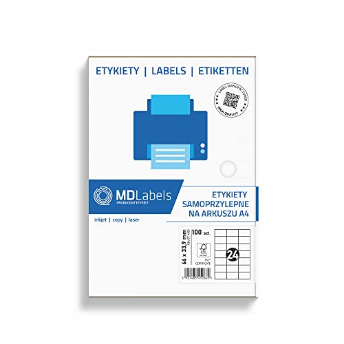 MDlabels Universal Etiketten 66x33,9 mm 24 Etiketten din A4-100 Blätter - 2400 Etiketten- bedruckbare - Weiß - selbstklebend - für barcode - Amazon FBA Label Cover
