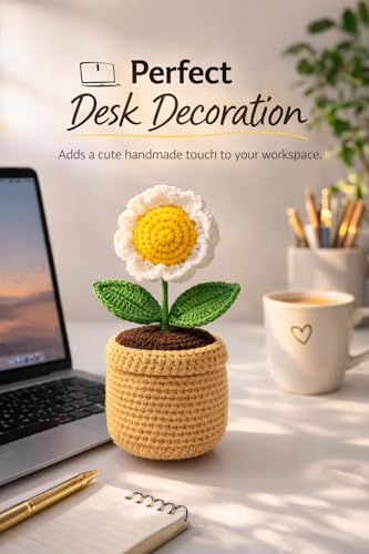 Image of Handmade Crochet Sunflower Pot - Eco-Friendly Knitted Flower Plant for Home, Office & Gifts (Beige)