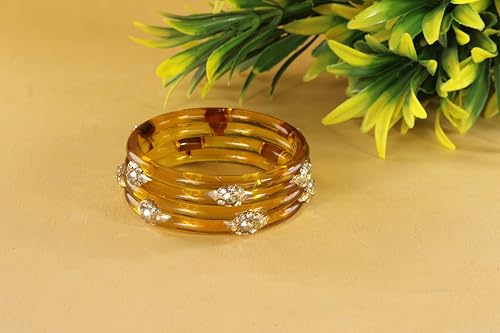 Image of NMII Diamond Glass Bangles Crystal Kada Set For Women & Girls Adorned with Golden Zircon Stones | Trending Girls Bangles Bracelet | Transparent Chudi Kangan For Wedding, Party, Daily, Ethnic- Set of 2