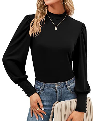 Qirno Womens Mock Neck Puff Long Sleeve Tops Casual Loose Solid Basic T Shirt Button Cuffs Pullovers Shirts Blouse