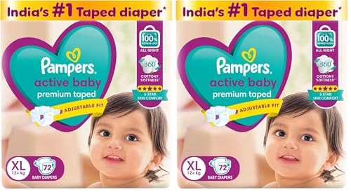 Image of Pampers Active baby Tape Style Baby Diapers, Large (XL), 72 Count, 12+ kg, Adjustable Fit with 5 Star Skin Protection Diapers (Pack of 2)