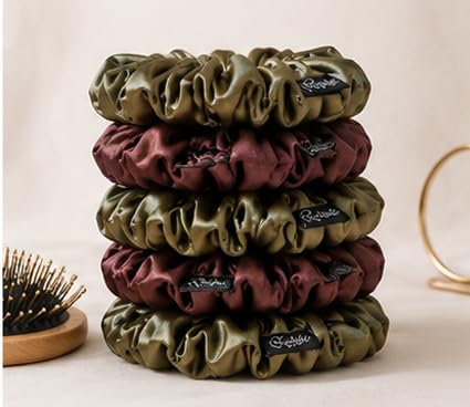 Lekshika Premium Satin Scrunchies for Women & Girls | Soft Silk Hair Scrunchies with Strong Elastic | No Hair Damage Ponytail Holder | Gentle Hair Ties for Thick, Curly & Straight Hair | Olive Green & Burgundy 3