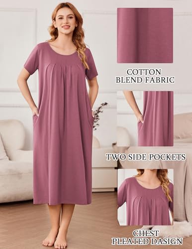 Ekouaer Cotton Nightgowns for Women Long House Dresses with Pockets Plus Size Night Gowns Short Sleeve Night Shirts S-3XL2