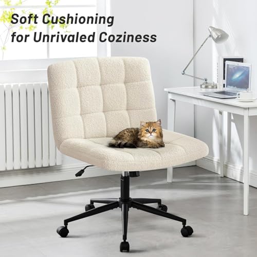 Image of Nutech Decor Armless Office Desk Chair - Linen Fabric Padded Swivel Adjustable Home Office Chair with 360 Wheels, Wide Criss Cross for Desk, Living Room (ND-Sherpa-ivorywhite-Wheel)