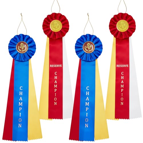 Hotop 4 Pcs Award Ribbons Set Horses Show Champion Prize Winner Ribbon with Event Card Winner Victory Recognition Participation Award for Competition, Sport Event, School, Graduation, Blue and Red