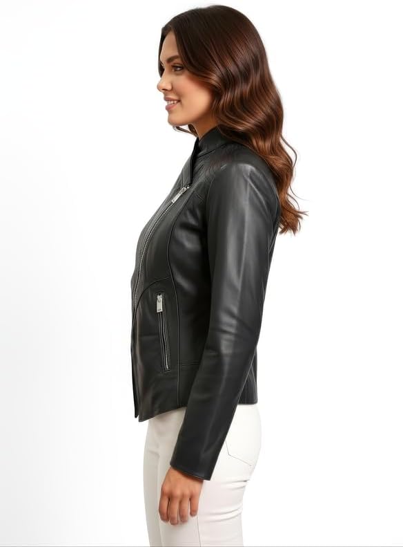 Women's Asymmetrical Zip-Up Real Lambskin Leather Motorcycle Jacket – Stylish Moto Biker Outerwear, Casual Fashion Jacket - Image 3