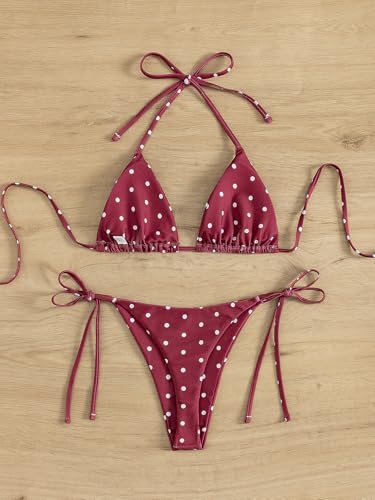 Image of Tainehs Women's Sexy Halter Thong Bikini Tie Two Sides Bottom Triangle Bikini Swimsuits