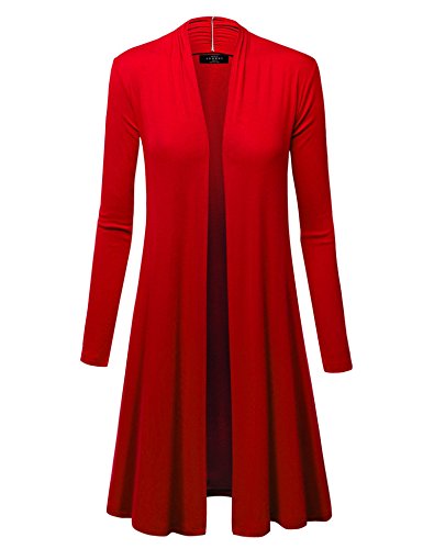 WSK1048 Womens Solid Long Sleeve Open Front Long Cardigan L RED