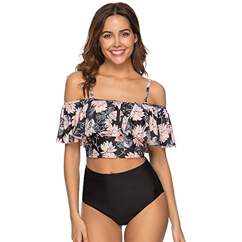 Imbry Womens High Waist Flounce Bikini Set 2 Pieces Off Shoulder Swimsuit Bathing Suit(2XL,Black 3) Cover