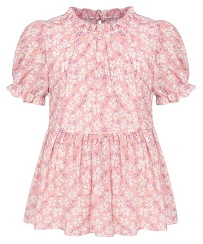 GRACE KARIN Blusa de manga corta con volantes y flores para niñas, camisa holgada de verano con estampado floral, Rosa., 12 años