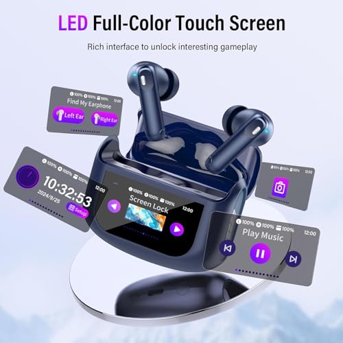 Image of Wireless Earbuds, Bluetooth 5.4 Headphones with Multifunctional Touch Screen, 48H Bass Stereo Ear Buds with ANC /ENC Noise Cancelling /Transparency Mode, IPX7 Earphones with 5 EQ Modes, Dark Blue