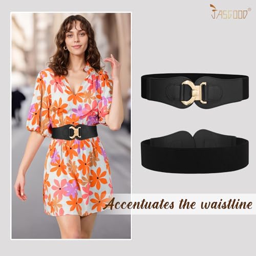 JASGOOD Women's Wide Stretchy Waist Belts for Dresses Vintage Elastic Waistband with Gold Buckle2