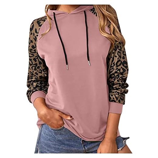 QEERT Jultröja dam tröja lapptäcke leopard tryck blus långärmad huva dragsko toppar blus tunika toppar tröja, Rosa#, L