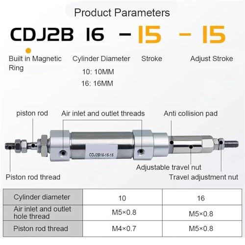Cilindro neumático ajustable CDJ2B16 de acero inoxidable duradero 6
