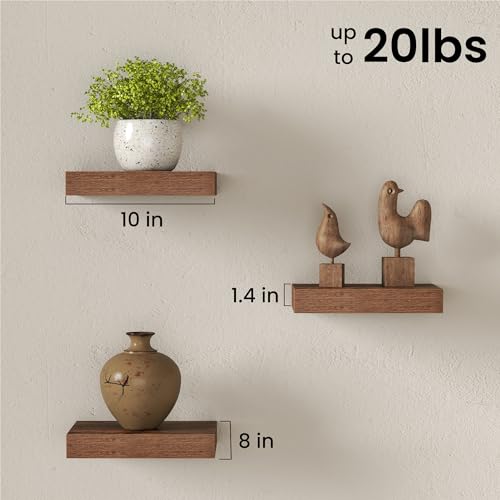 Image of Fun Memories Floating Shelves for Wall with Invisible Brackets, 10 Inch Wall Mounted Wood Shelves with Wood Grain for Living Room, Bedroom, Bathroom, Kitchen Decor and Storage, Brown - Set of 3