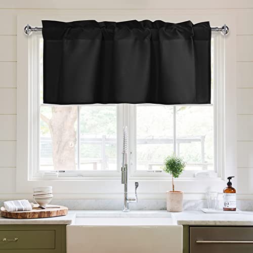 XWZO Kitchen Valances Curtains for Windows Living Room Bedroom Bathroom Toppers Farmhouse Style Rustic Dinning Room Thermal Insulated Rod Pocket, W42 x L18 Inch Length, Black, 1 Panel