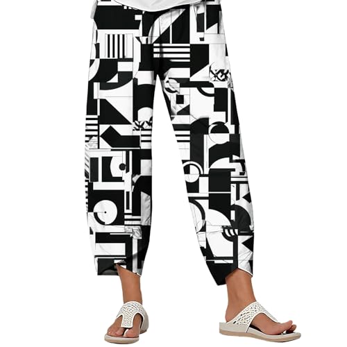 Wide Leg Pants Woman Cotton Linen Palazzo Pants with Pockets Casual Oil Painting Elastic Waist Trousers