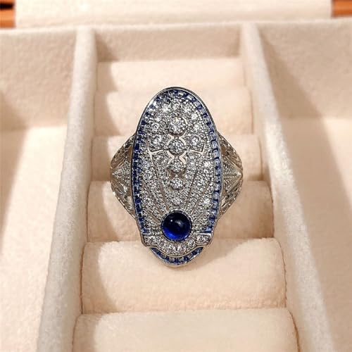 White Gold Plated Blue Round Cubic Zirconia Vintage Hollow Statement Ring Personalized Accessory Ideal for Women's Daily Casual Wear Party Holiday Anniversary Love Jewelry Gift2