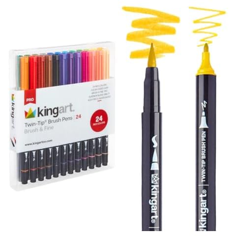 KINGART PRO Dual Twin-Tip Brush Pens, Set of 24 Unique & Vivid Colors, Watercolor Markers with Flexible Nylon Brush Tips, Professional Watercolor Pens for Painting, Drawing Cover