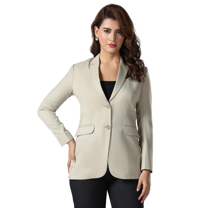 tahvo Beige Long Notched Lapel Blazer for Women - Casual Formal Blazers for Business Meetings - Stylish Regular Fit, Polyviscose Fabric, Solid Pattern, 2 Pockets, Single Breasted Full Sleeve-picture-43