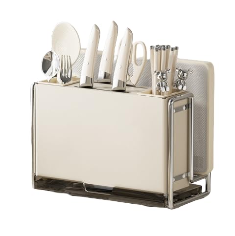 Xemuar 包丁ラック まな板 鍋蓋 箸収納ラック 家庭用多機能包丁・箸ケージラック カウンタートップモデル【マグネットフックプレート】クリーミーホワイト (カウンタートップ,クリーミーホワイト)