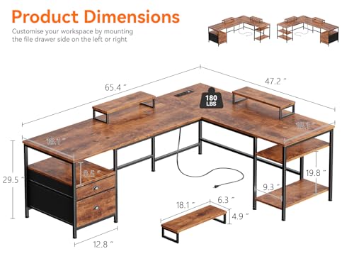 Image of Furologee 66 inch L Shaped Desk with Power Outlet, Reversible Home Office Desk with File Drawer, 2 Monitor Stands, Storage Shelves, Corner Computer Table for Gaming, Writing, Rustic Brown