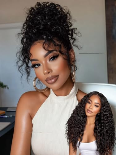 KLAIYI Water Wave Pre Cut 360 Full Lace Frontal Glueless Wig Human Hair Drawstring Pre Plucked Bleached Bye Bye Knots Pre Everything Ready to Wear And Go Curly Beginner Wig with Baby Hair 180% 24Inch
