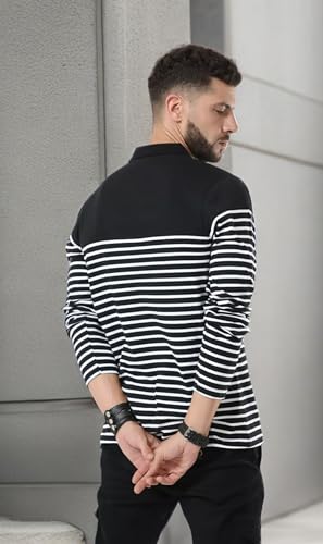 Image of fanideaz Branded Mens Cotton Stripe Polo Full Sleeve T-Shirt