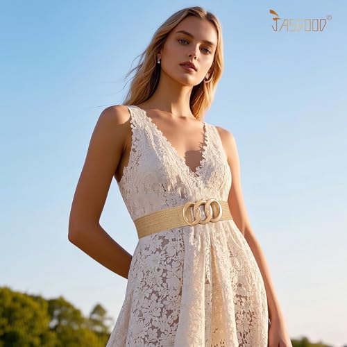 JASGOOD Wide Straw Woven Stretchy Belt for Women Boho Braided Elastic Dress Waist Belt for Ladies2