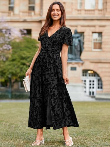 Image of Simplee Women's Velvet Maxi Dress V Neck Short Sleeve Empire Waist Semi Formal Long Cocktail Dresses
