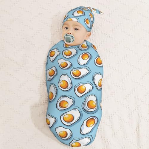 Image of Painting Fried Egg Newborn Swaddle Blankets Hat Sets Soft Baby Receiving Blanket Swaddle Sack for Baby Shower Infant Boy Girl Gift