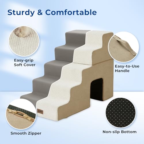 Image of ZOMISIA Dog Steps for High Beds - 5 Step 24 inch H Pet Stairs with Tunnel 2 in 1 with Zippers Suitable for Small Dogs and Cats, Indoor Cat Ladders with Non-Slip Bottom, Beige
