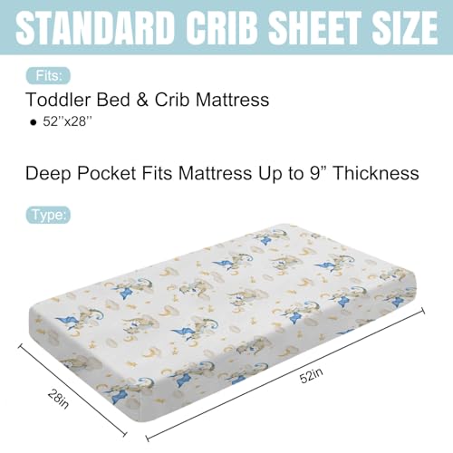 Image of Cartoon Fairy Tale Dragon Moon Stars Clouds Baby Crib Sheets 52''x28'' Watercolor Dragons Stretchy Fitted Crib Mattress Cover for Boy Girl Soft Bed Sheet for Standard Crib and Toddler Mattress