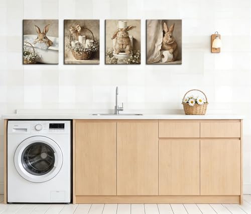 Image of Frimeeme Framed Cute Bunny Bathroom Canvas Wall Art